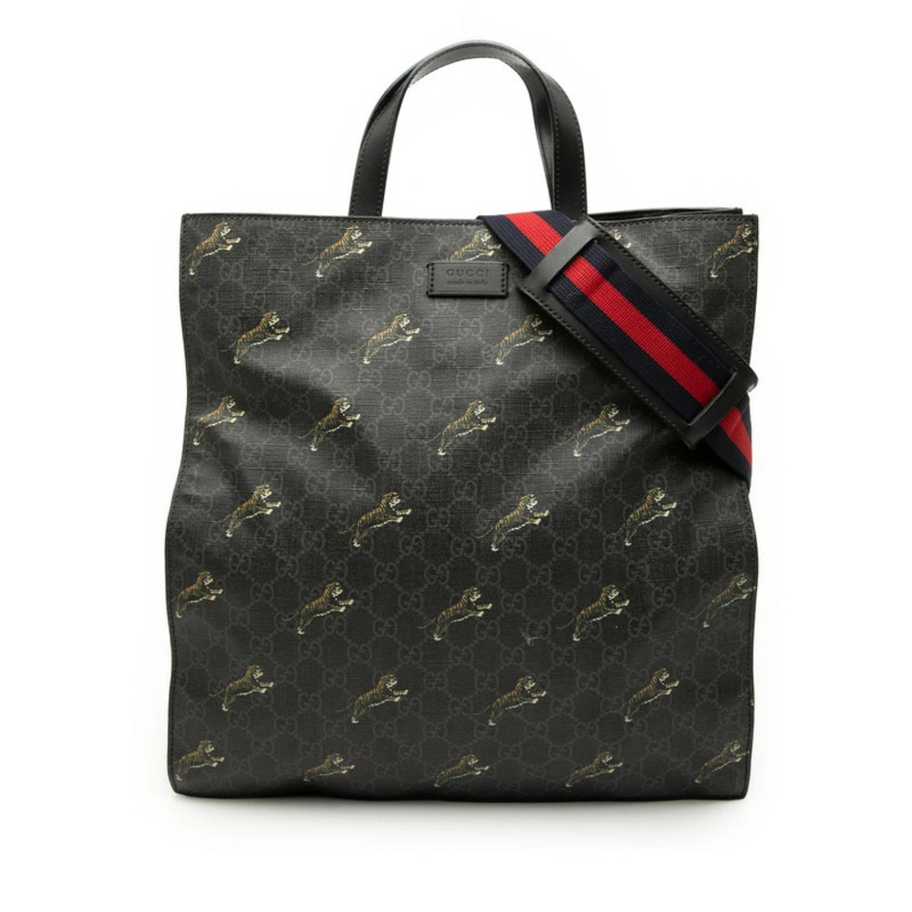 Gucci GG Supreme Sherry Tiger Tote Bag Shoulder Black Leather